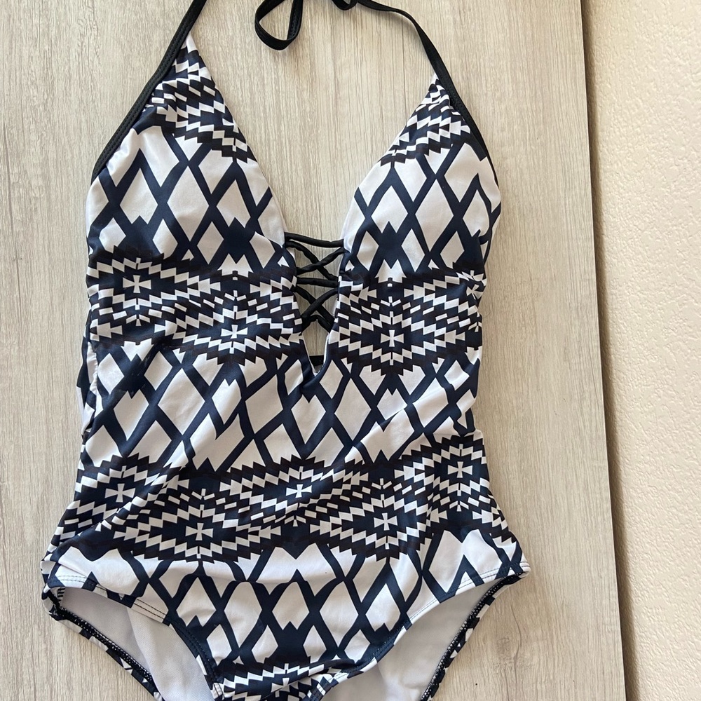 Navy one piece patterned swimsuit plunge neck